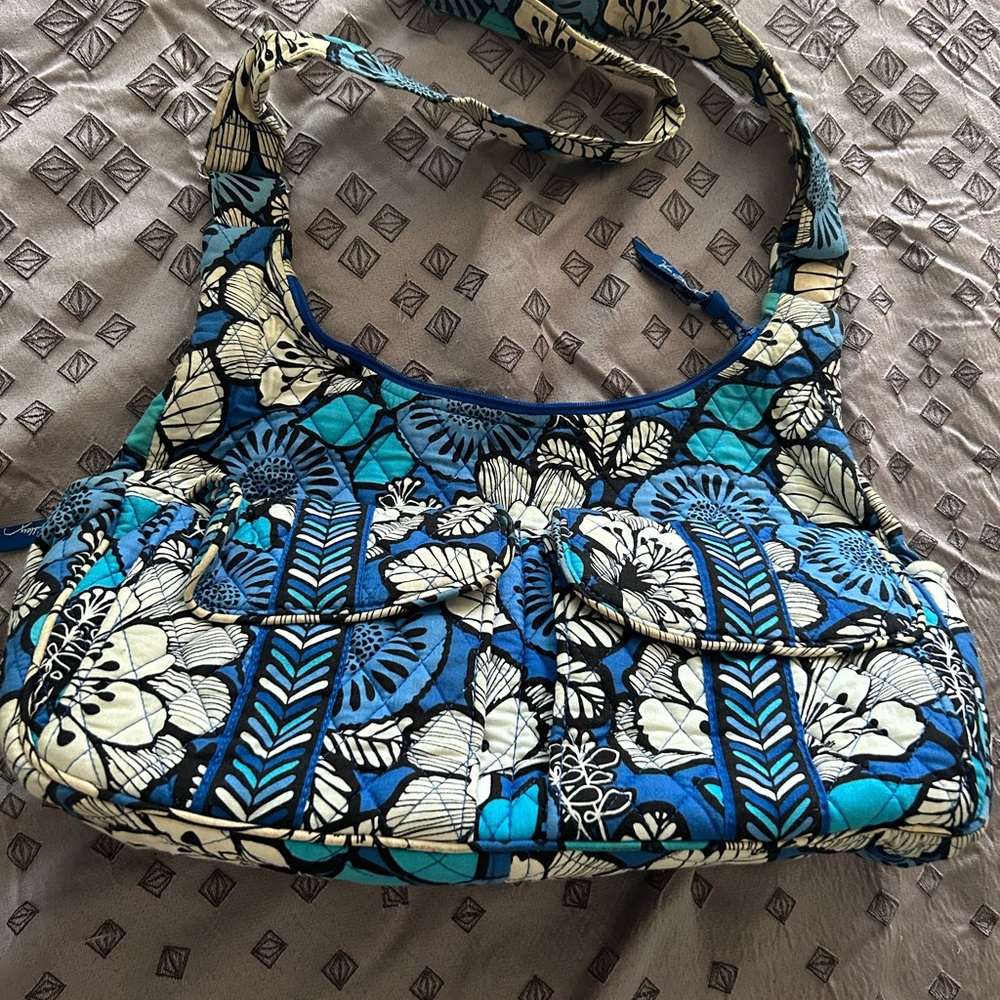 Vera Bradley Blue Floral Quilted Hobo Bag with Cream Accents